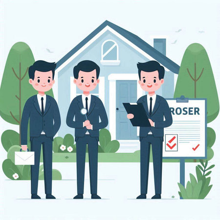 Real estate agent and buyer in front of new house, vector illustrationのイラスト素材