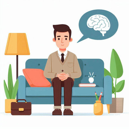 Businessman sitting on sofa and thinking. Vector illustration in cartoon styleのイラスト素材