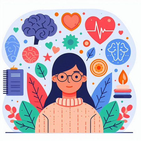 Flat vector illustration of young woman with medical symbols around her.のイラスト素材