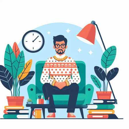 Man sitting in armchair and reading book. Flat vector illustration.のイラスト素材