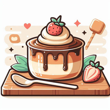 Vector illustration of a cupcake with cream and strawberries on a wooden boardのイラスト素材