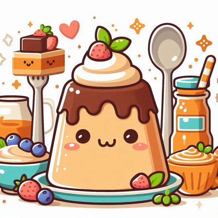 Cute Cartoon Pudding Mascot Character with Various Dessertsのイラスト素材