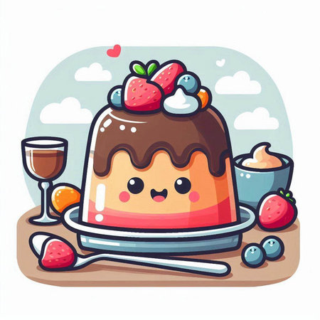Cute cartoon panna cotta with berries and chocolate, vector illustrationのイラスト素材