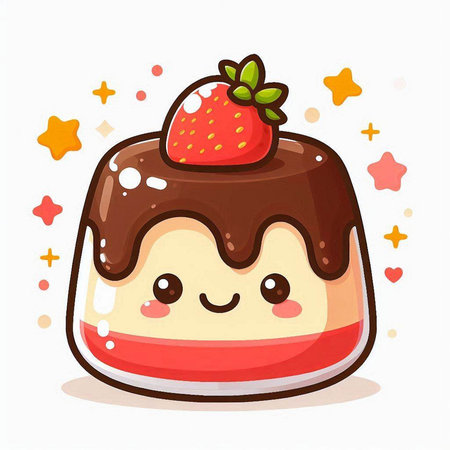 Cute chocolate panna cotta with strawberry, vector illustration.のイラスト素材