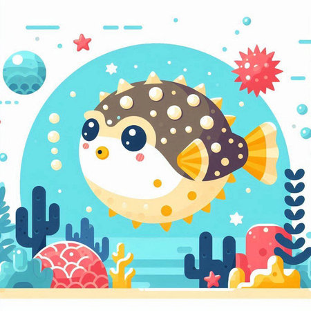 Cute cartoon puffer fish in the sea. Vector illustration.のイラスト素材