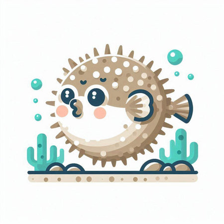 Cute cartoon sea puffer fish character. Vector flat illustration.のイラスト素材