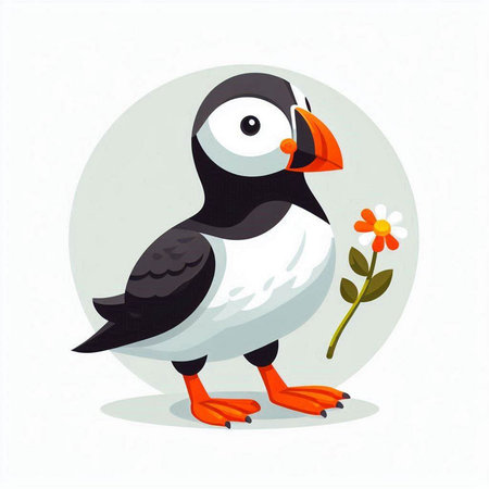 Puffin with a flower. Vector illustration in cartoon style.のイラスト素材