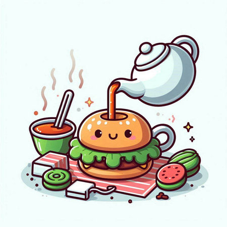 Hamburger and kawaii teapot, vector illustrationのイラスト素材