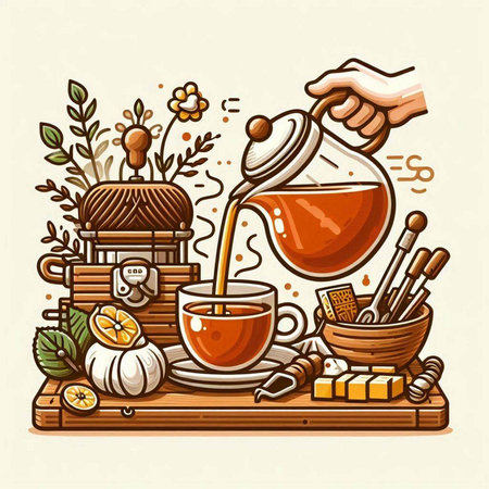 Vector illustration of a hand pouring tea from a teapot into a cupのイラスト素材