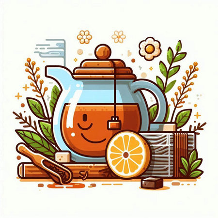 Cute cartoon teapot with tea, lemon and honey. Vector illustration.のイラスト素材