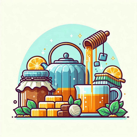 Vector illustration of teapot with honey, lemon and honeycomb in flat style.のイラスト素材