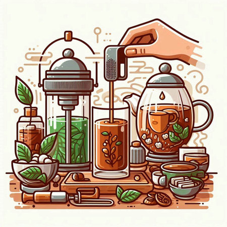 Tea brewing process. Alternative methods of brewing tea. Vector illustration.のイラスト素材