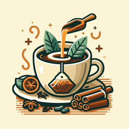 Cup of tea with cinnamon, cardamom and lemon. Vector illustration.のイラスト素材
