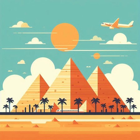 Egypt travel background with pyramids, sun and plane. Vector illustrationのイラスト素材