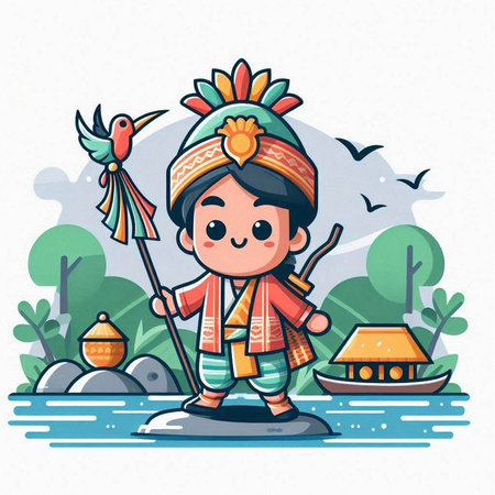 Cute cartoon indian boy in traditional costume on the boat. Vector illustration.のイラスト素材