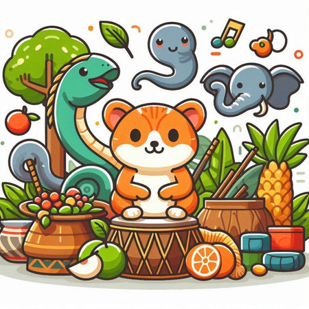 Cartoon vector illustration of a cute tiger playing musical instruments in the jungleのイラスト素材