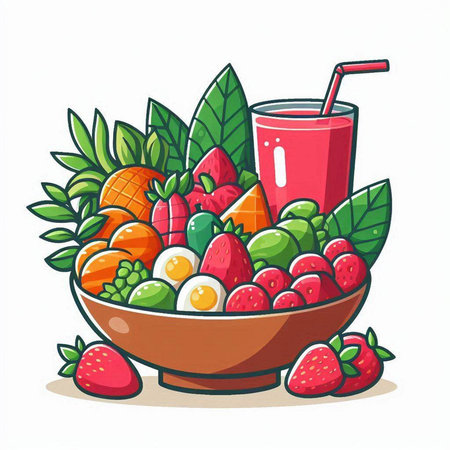 Vector illustration of a bowl of fresh fruits and a glass of juiceのイラスト素材