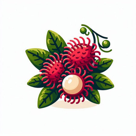 Rambutan fruit with leaves on white background. Vector illustration.のイラスト素材