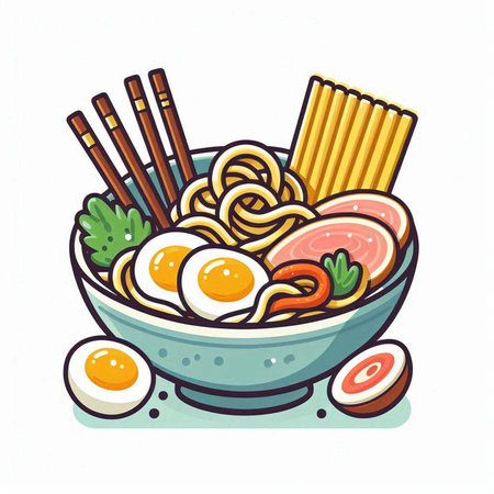 Japanese ramen noodle in bowl. Hand drawn vector illustration.のイラスト素材