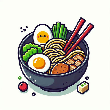 Noodles with egg and vegetables in bowl. Vector illustration.のイラスト素材