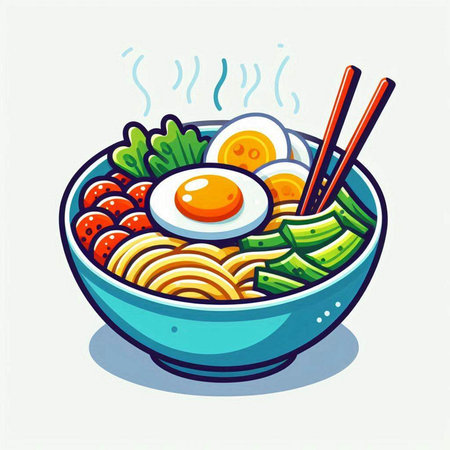 Illustration of bowl of noodle soup with fried egg and vegetablesのイラスト素材