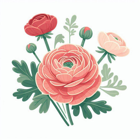 Vector illustration of a bouquet of pink and red ranunculus flowersのイラスト素材