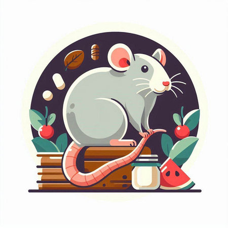 Cute rat on books. Vector illustration in flat cartoon style.のイラスト素材