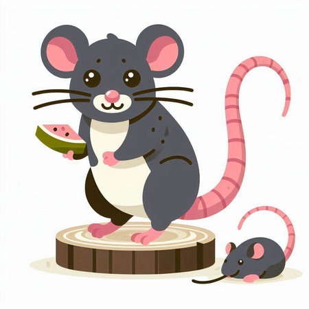 Cartoon mouse eating watermelon. Vector illustration on white background.のイラスト素材