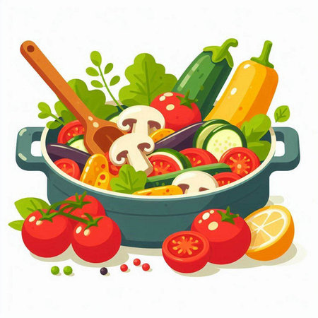 Vegetable stew in a pan with vegetables. Vector illustration.のイラスト素材