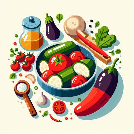 Vegetables and spices in a frying pan. Vector illustration.のイラスト素材
