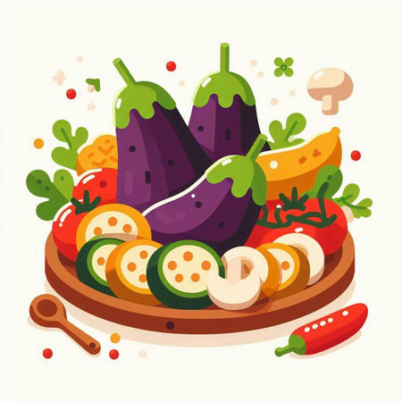 Vegetables on a wooden plate. Vector illustration in flat styleのイラスト素材