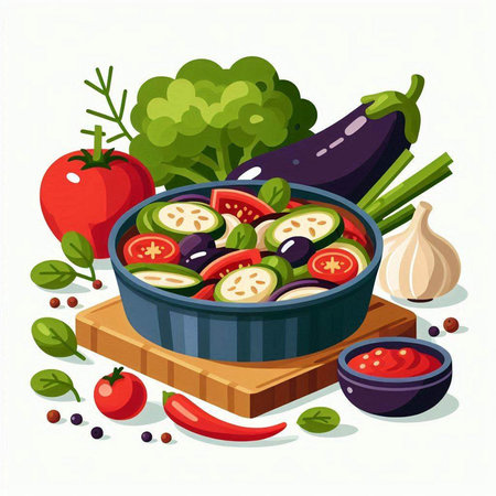 Vegetables in a bowl. Vector illustration in flat style.のイラスト素材