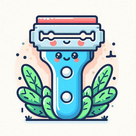 Cute cartoon razor blade character with green leaves. Vector illustration.のイラスト素材
