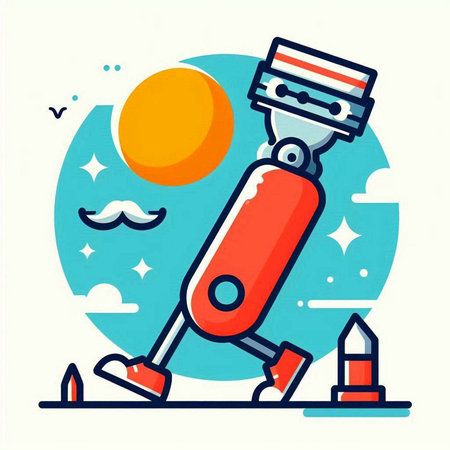 Vector illustration in flat linear style of a robot with a camera on the background of the sun.のイラスト素材