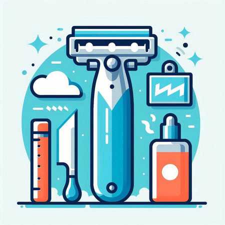 Vector illustration of shaving equipment in flat style. Shaving machine, razor, brush, spray bottle, hair clipper.のイラスト素材