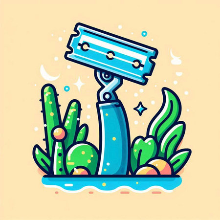 Vector illustration of razor blade and cactus. Flat line art style.のイラスト素材