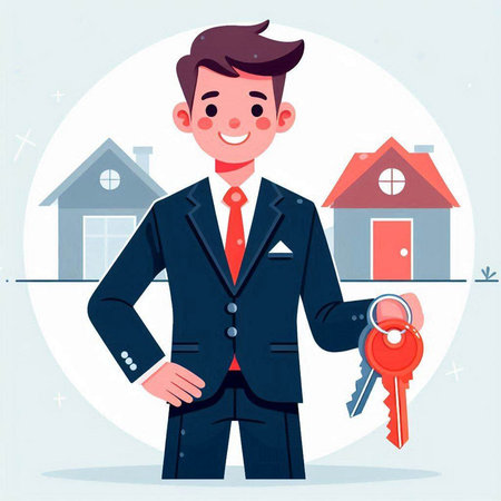 Real estate agent with key in hand. Vector illustration in cartoon styleのイラスト素材