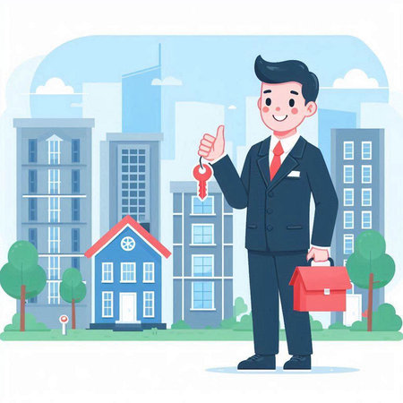 Real estate agent holding house keys. Vector illustration in cartoon style.のイラスト素材