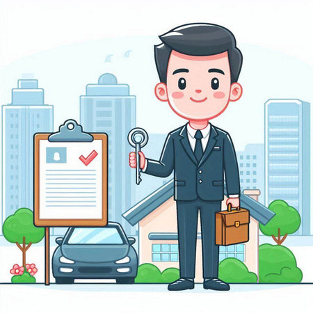 Real estate agent holding key and clipboard. Vector illustration in cartoon styleのイラスト素材