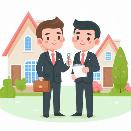 Real estate agent and customer in front of new house. Vector illustration.のイラスト素材