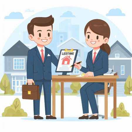 Real estate agent and customer in front of the house. Vector illustration.のイラスト素材