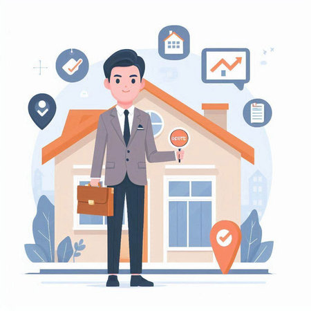 Real estate agent in front of house. Vector illustration in flat styleのイラスト素材