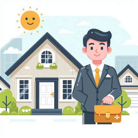Real estate agent in front of a house. Vector flat illustration.のイラスト素材