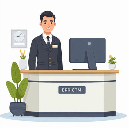 Employee at the reception desk. Vector illustration in cartoon style.のイラスト素材