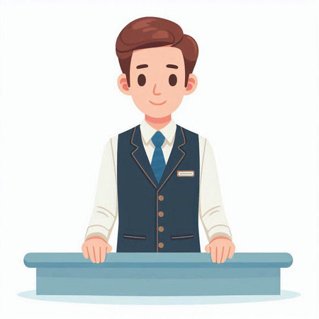 Waiter standing at reception counter. Vector illustration in cartoon style.のイラスト素材