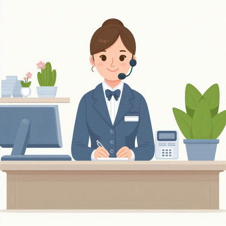 Female receptionist at the counter. Vector illustration in cartoon style.のイラスト素材