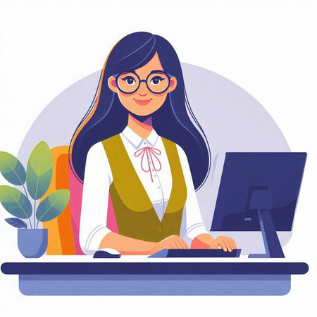 Business woman working on computer in office. Vector illustration in flat styleのイラスト素材