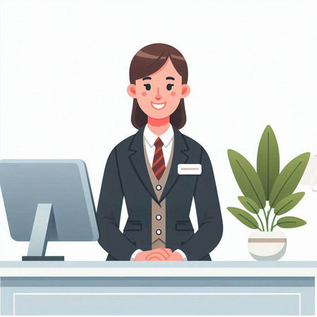 Female receptionist at the desk. Vector illustration in cartoon style.のイラスト素材