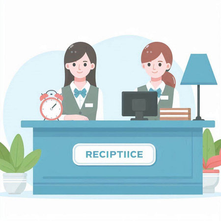 Receptionist and receptionist at the reception desk, vector illustrationのイラスト素材