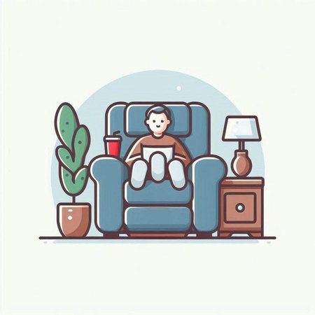 Vector illustration of a man sitting on a sofa and reading a bookのイラスト素材